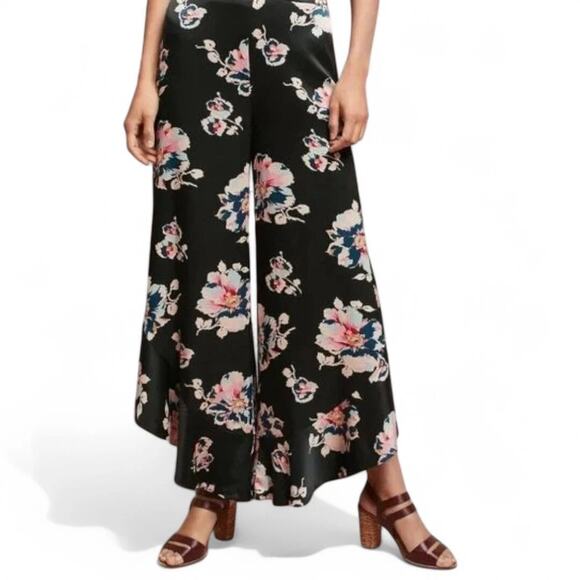 Elevenses by Anthropologie Pants Womens Size 12 Black Tansy Satin Floral Ruffle - Picture 1 of 5